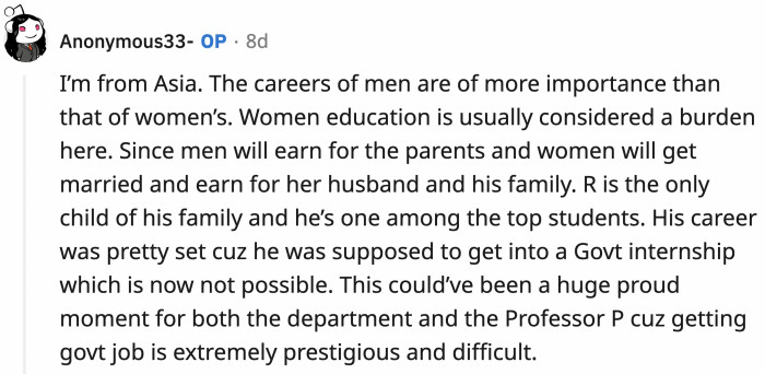 ... OP mentioned the reality of her unfair situation where women's rights are not given importance.