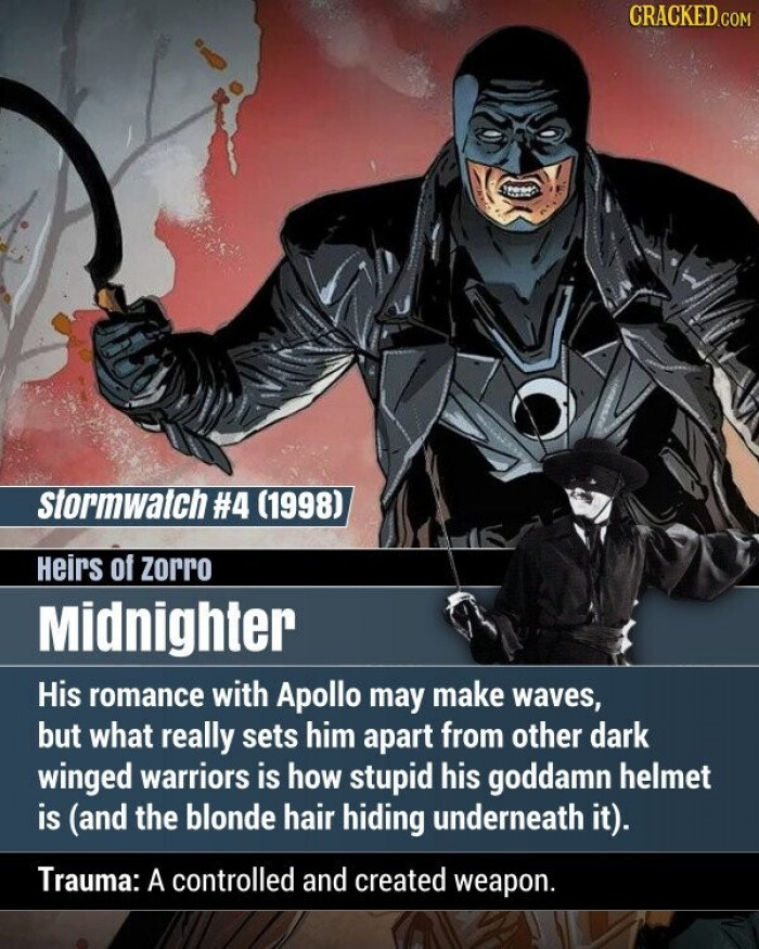 5. Midnighter - His stupid helmet sets him apart from the rest