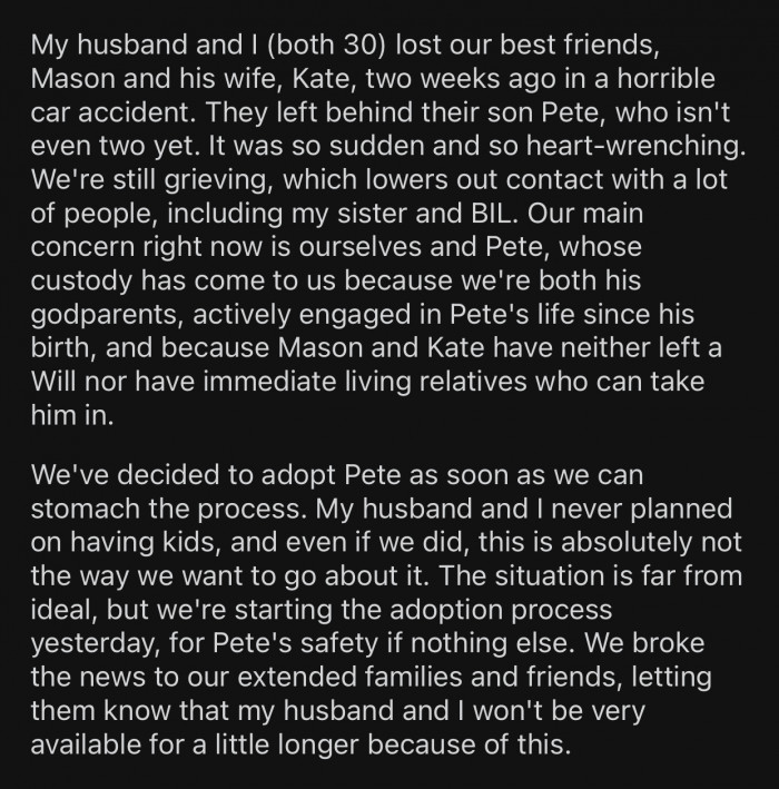 OP and her husband recently lost their best friend in a car accident.