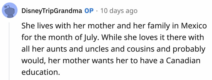 Annabella spends a month every year in Mexico with her mom, but Iza insists on giving Annabella a Canadian education.