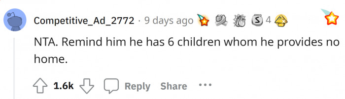 Exactly! He is expecting something from his parents that he is unable to give his own kids.