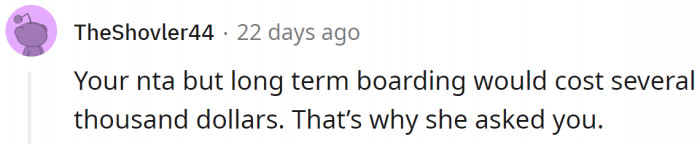 She Should Have Covered the Long-Term Boarding in the First Place, Not Impose on Someone Else.