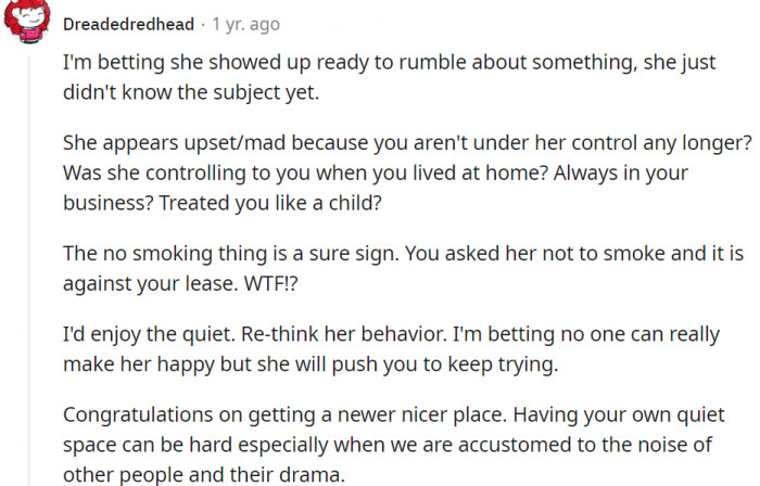 Her mother appears upset because she's no longer under her control.