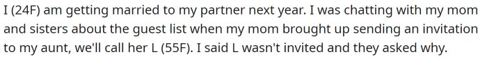 OP is getting married next year and doesn't want to invite her Aunt L.