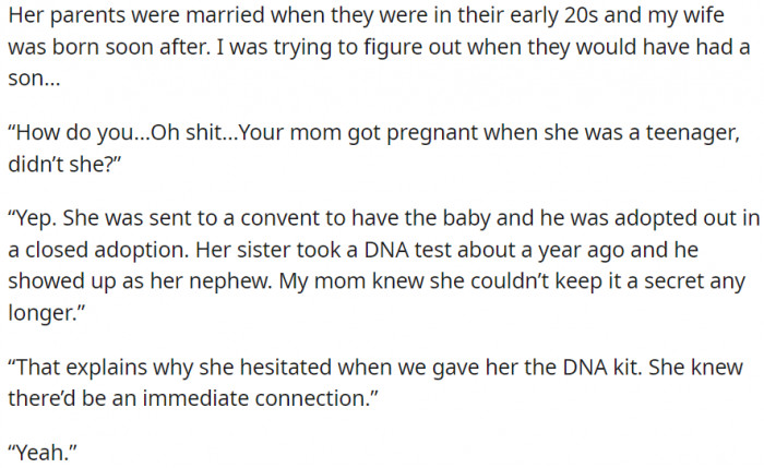That explains why the mother-in-law hesitated when they gave the DNA test kits.