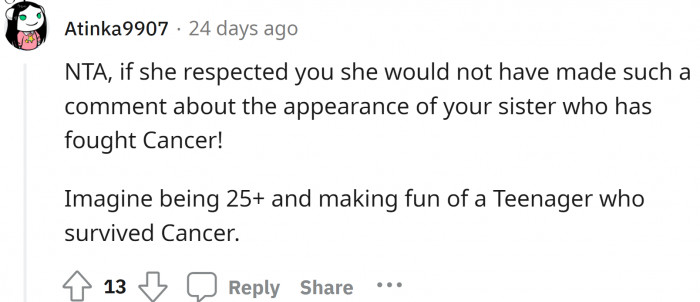 She clearly does not respect the parents, the sister, or even her husband.