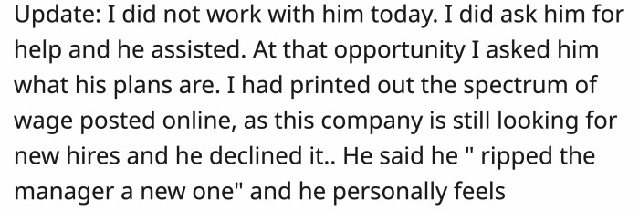 OP tried to help the trainer by providing information about humane wage practices posted online, but the trainer declined OP's help.