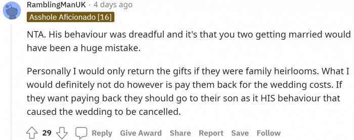The one responsible for the wedding being canceled should be the one to cover the entire wedding cost.