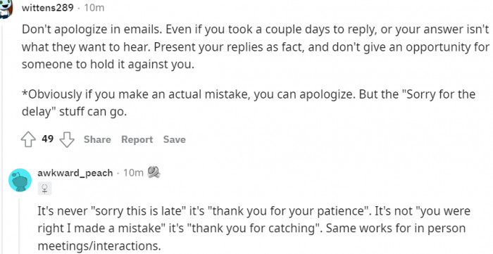 Never apologize in emails