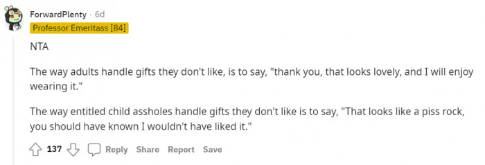 The mother-in-law's response is childish.