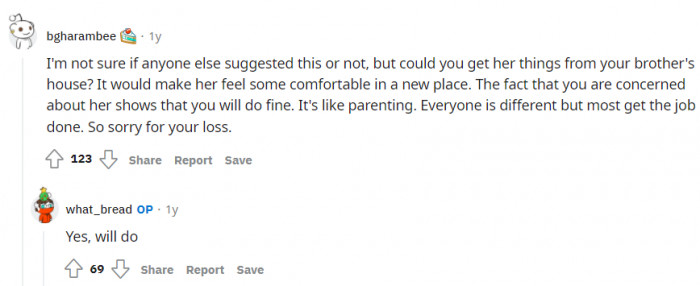 Again suggesting getting his brother's things for the dog.