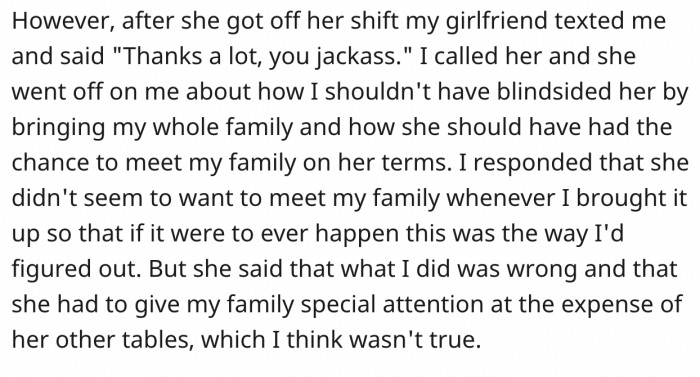 OP risked her job to make his family feel good.