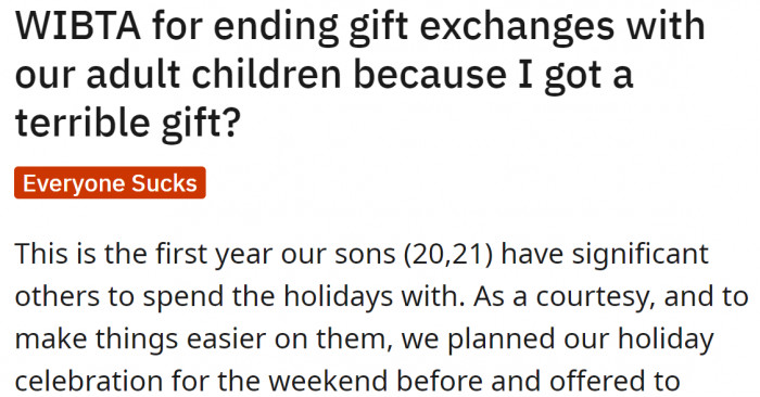 First time celebrating Christmas with their sons and their sons' SOs
