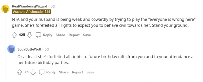 Commenters criticized the husband for not taking his wife's side.