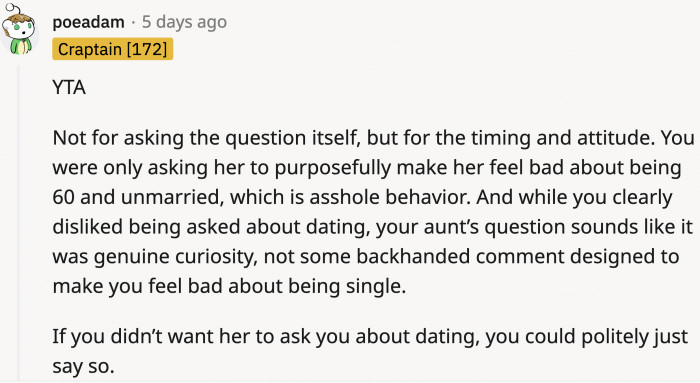 This redditor believes OP is the A**hole as she could have politely told her no or whatever answer she was comfortable with