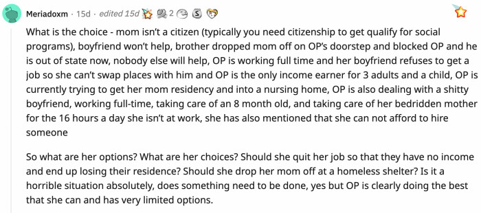 A sympathetic Redditor properly put things in perspective. OP has a lot on her plate, and she's doing everything she can.