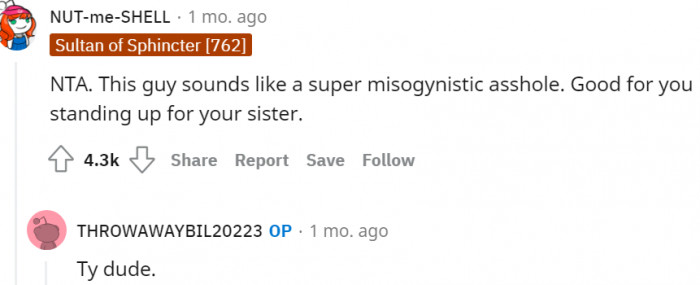 2. The OP thanks a Redditor who praises him for defending his sister