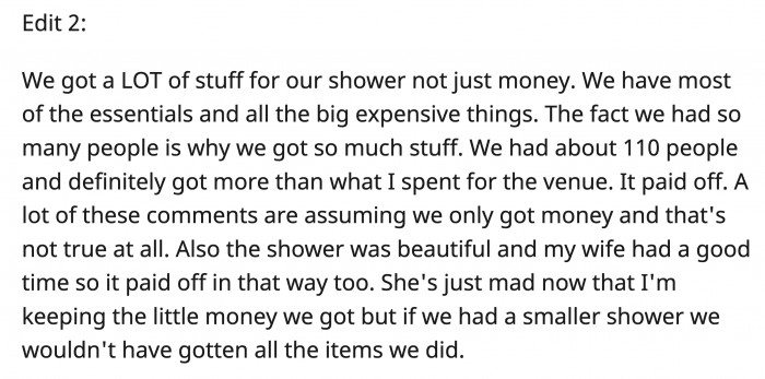 He says that they wouldn't have received all of those presents and money had they opted for a more intimate and smaller venue. Wow.