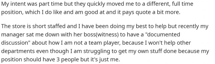 She is an empty nester and decided to take a part-time job at a supermarket across the street to combat boredom. She was performing well and got promoted to a better full-time position. However, her manager was not satisfied and asked her to join a 