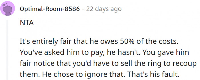 13. It was fair to split the loan, but he ignored her.