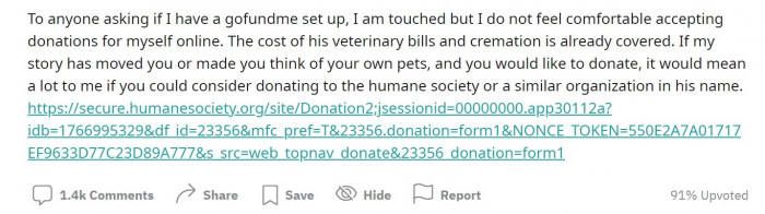 Some people even offered to donate money to the OP. But u/Rminora asked that they please donate to the Humane Society instead.