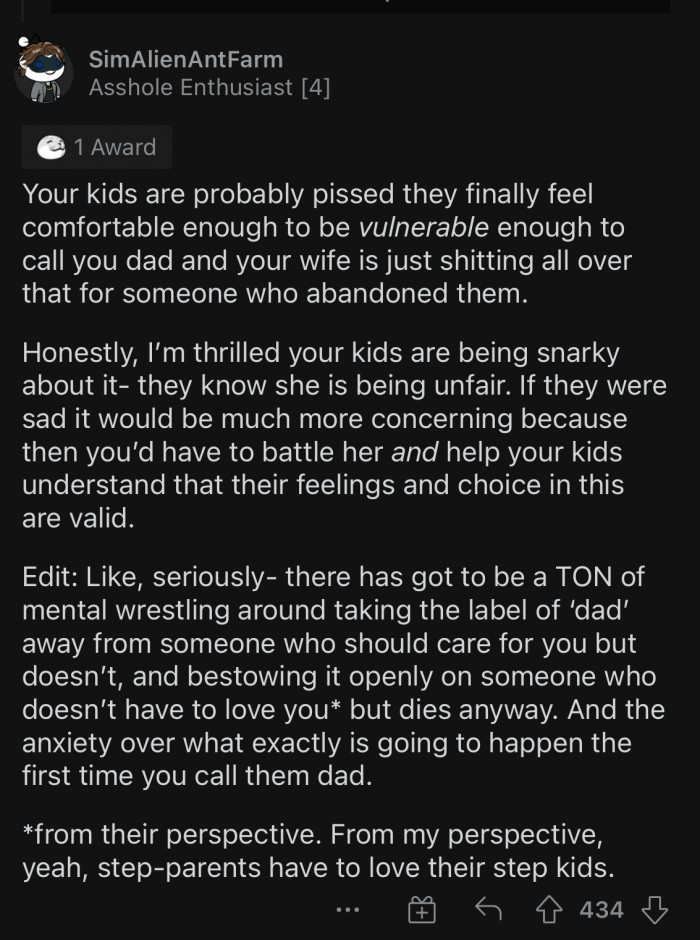 She has more respect for an absent father than for her husband.