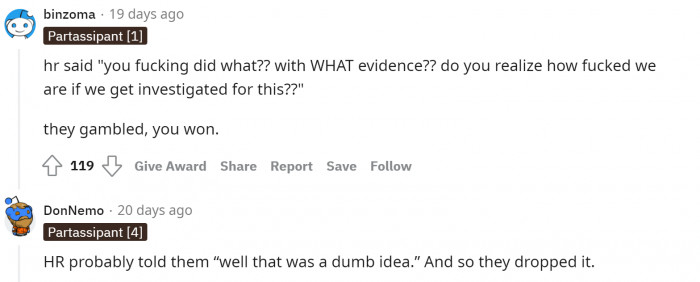 Some commented on HR and their possible reaction to this 