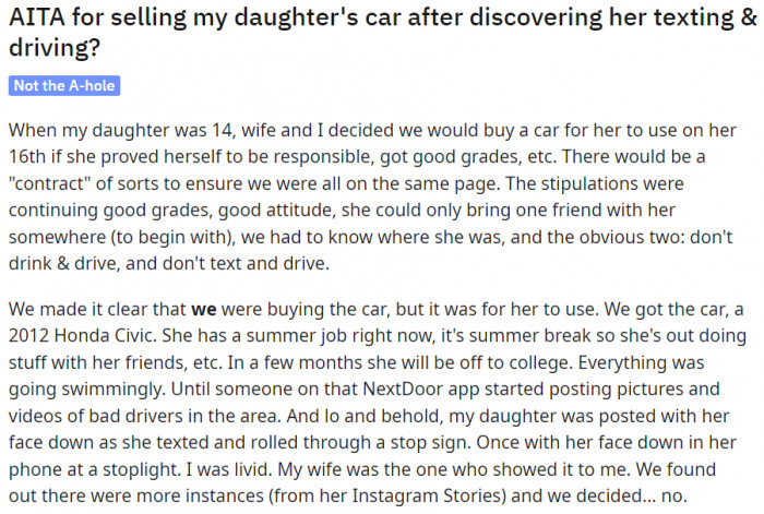 Gifting their teen daughter a brand new car for her 16th birthday wasn't a bad idea.