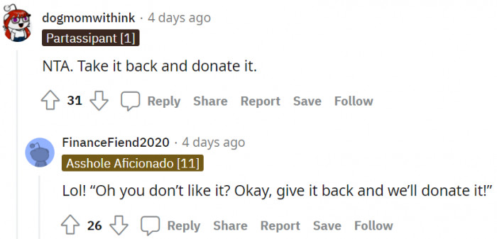She must take the money back and donate it instead!