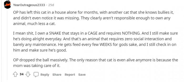 Reddit is starting to come for OP, saying that she was an irresponsible pet owner by leaving Boo alone for so long.
