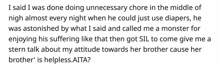 OP put her foot down, and then the husband and his sister had the audacity to blame her for not doing everything she could to help her husband despite their bad behavior