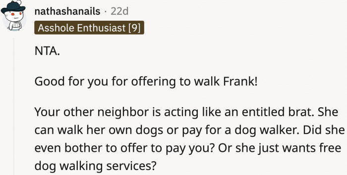 This commenter wondered if the lady ever offered to pay...