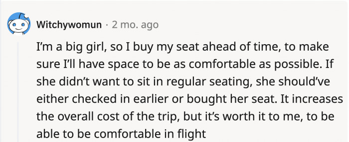 This was both a read and a bit of advice if the middle-aged woman really wanted to sit comfortably throughout the flight