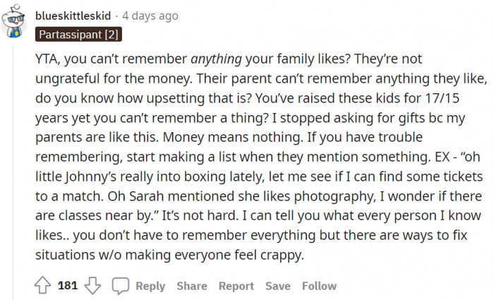 Meanwhile, this person thinks she’s TA as she’s a parent but finds it hard to remember anything they like.