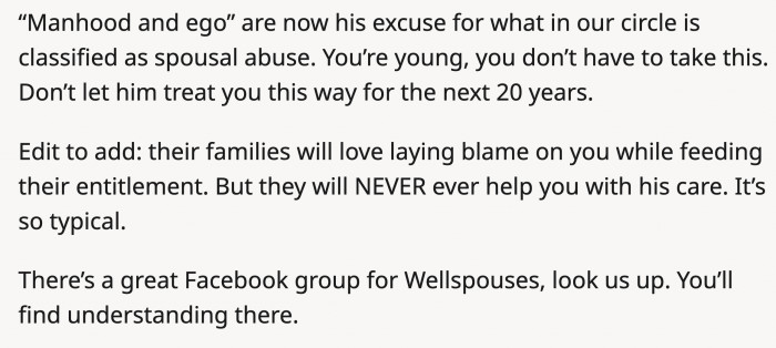 It's a support group, and if OP wants to stick around her husband, she will need to join something like this