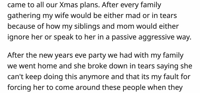 The wife agreed to come after OP insisted and continued to attend other family events but always ended up in tears
