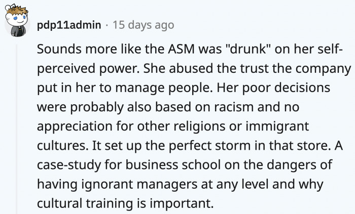 The only thing the ASM could positively contribute is the negative impact employees like her have on a company’s demise