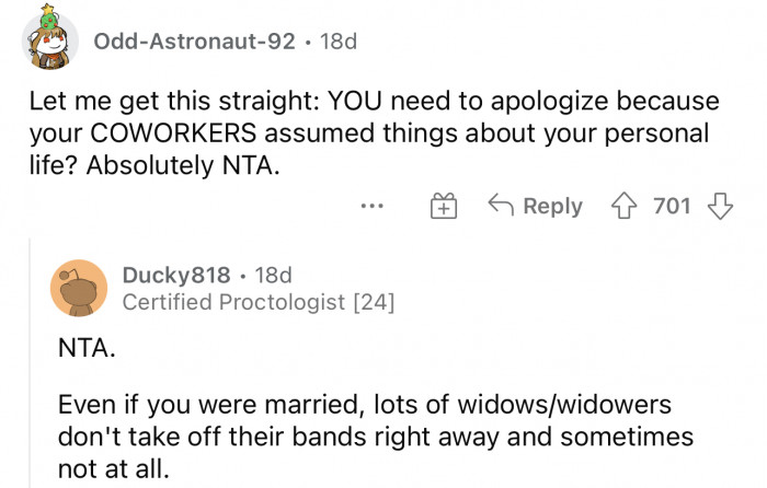 Honestly, she's NTA, and she doesn't have to remove her ring just because she's widowed.