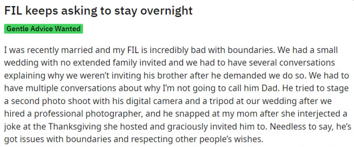 Father-In-Law keeps asking to stay overnight. Gentle advice needed