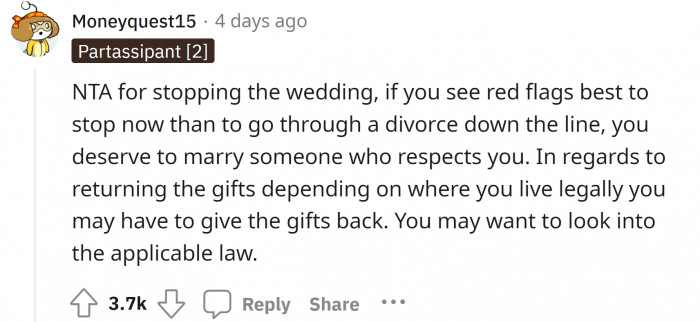 This makes so much sense; calling off the wedding is better than going through the whole process of divorce.