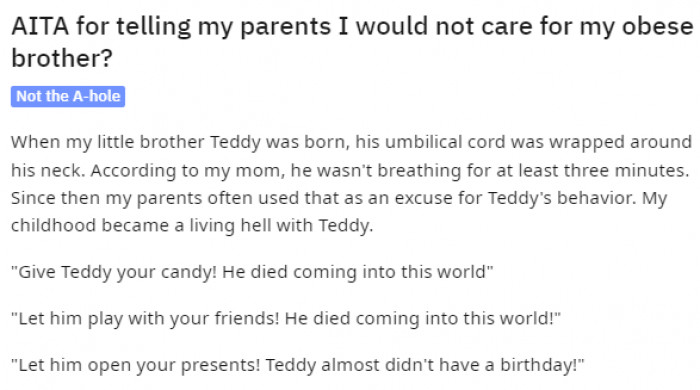 The Redditor's mum kept using the same scenario as an excuse for Teddy's bad behavior