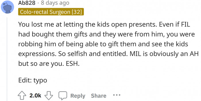 That's right, even if the gift was for the kids should have let the FIL give it to the kids himself.