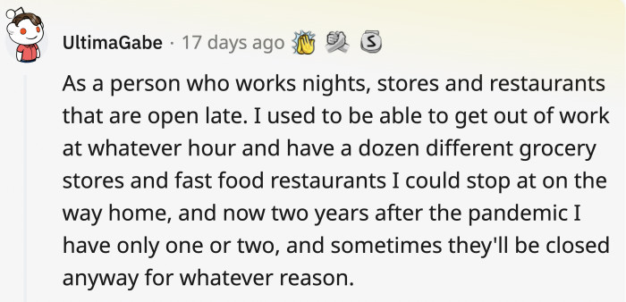 1. 24-hour stores, restaurants, fast food joints, and convenience stores