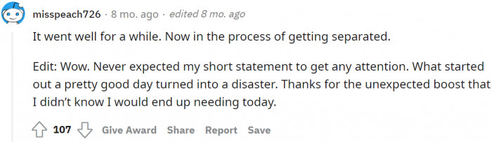 She is now in the process of getting separated.