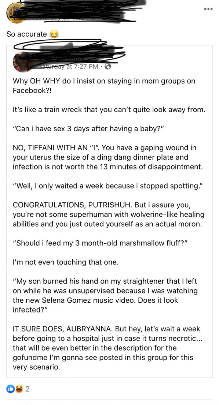 One mom, noticing the environment prevalent in these mom groups, wrote a hilarious post calling out their behavior.