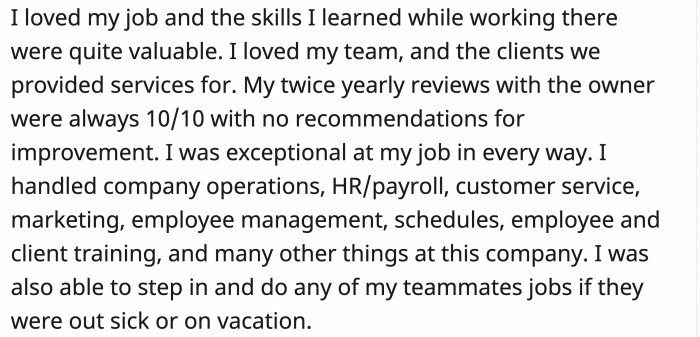 OP consistently surpassed job expectations and was valued by her team while she valued hers