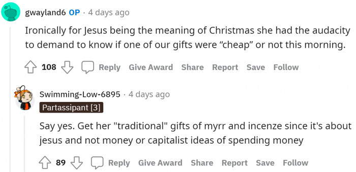 The MIL is just materialistic person who wants expensive gifts but don't wanna accept the idea of Santa.