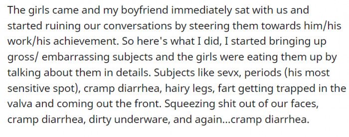 The girls decided to bring up gross and embarrassing subjects.