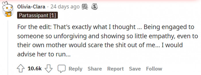 This user thinks it's best for the fiancée (Rachel) to end the relationship because apparently, the Redditor is an unforgiving person.