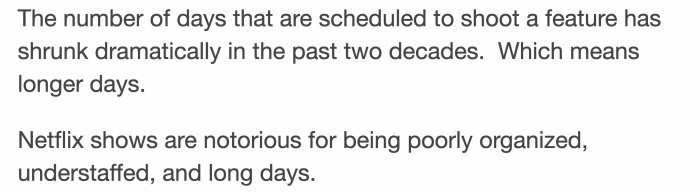 This means that as much as we love to binge-watch and are impatient for new episodes, it is fueled by crews being pushed to the brink